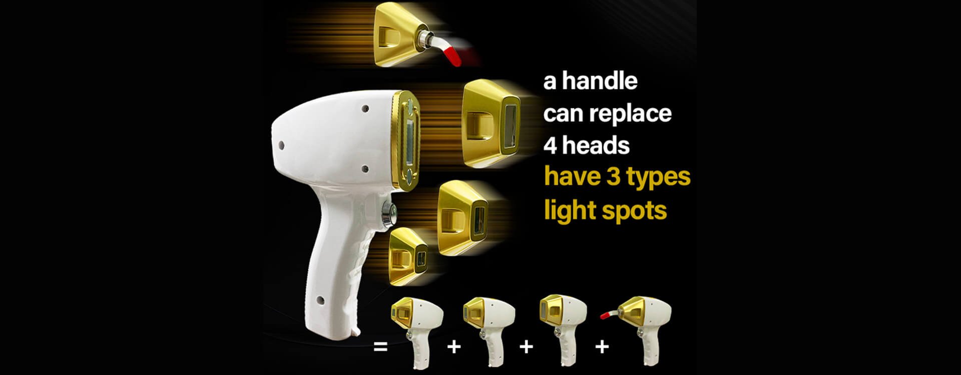 A handle can replace 4 heads, and has 3 types of spot sizes